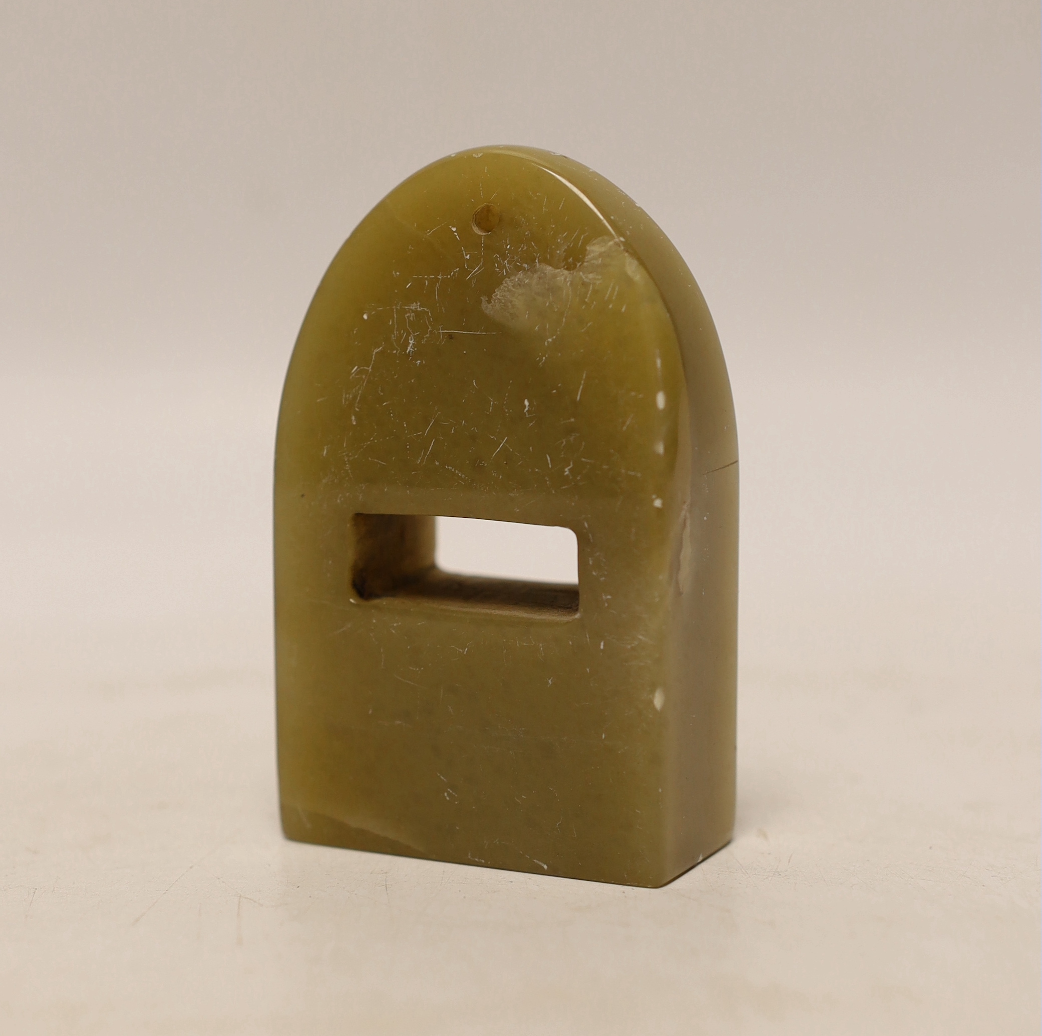 A Chinese jade plaque and a Chinese soapstone seal, 8.5cm